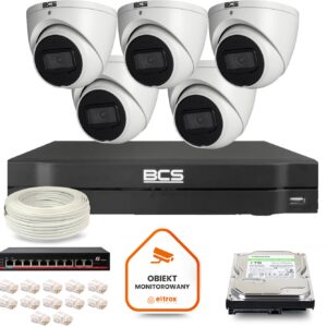 Zestaw monitoringu IP BCS Line 5x Kamera BCS-L-EIP14FSR3-AI1 Rejestrator z dyskiem