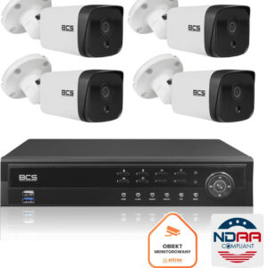 Zestaw monitoringu IP BCS Ultra 4x Kamera tubowa BCS IP 8 mpx Rejestrator Dysk 6TB